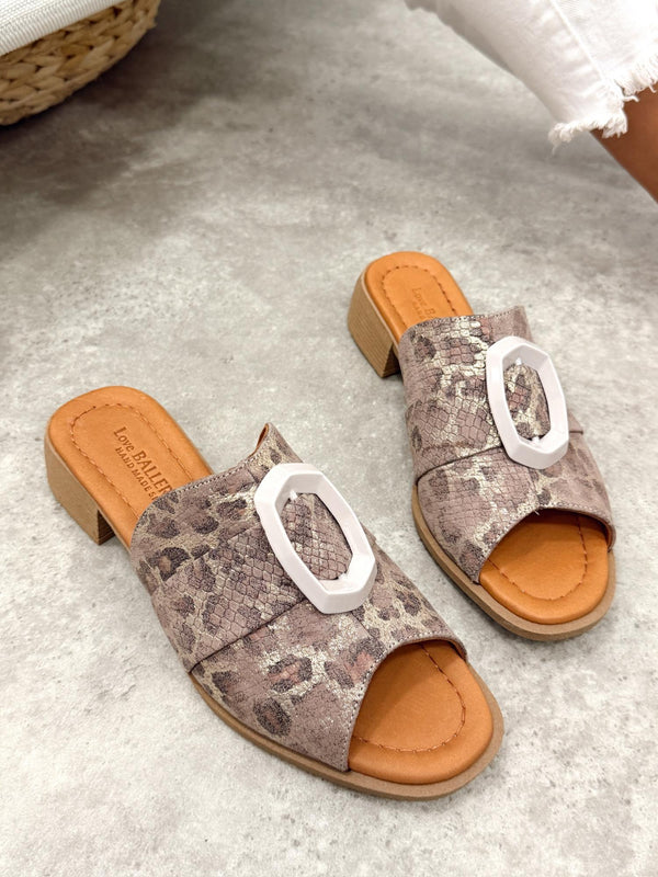 Kožne papuče - štikle G411 - LOVE BALLERINS - na deblju štiklu - LEOPARD - SIVA