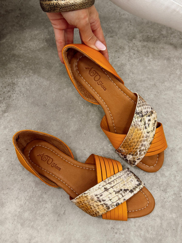 Kožne sandale - baletanke G473 - ATO SHOES - SNAKE - TAMNA OKER