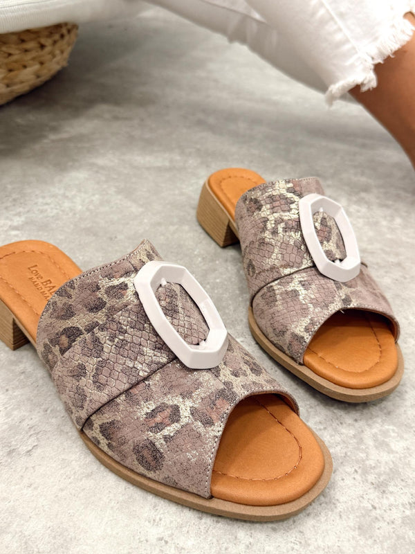 Kožne papuče - štikle G411 - LOVE BALLERINS - na deblju štiklu - LEOPARD - SIVA