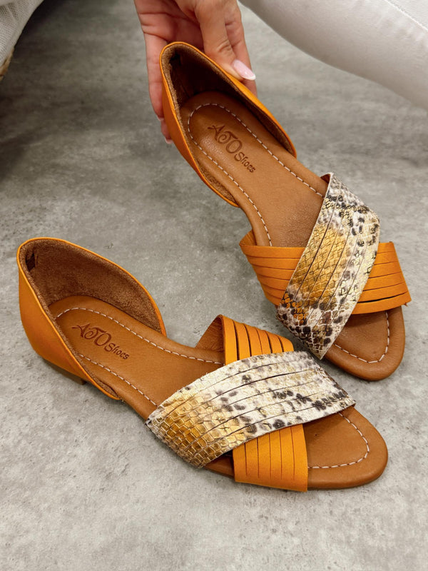 Kožne sandale - baletanke G473 - ATO SHOES - SNAKE - TAMNA OKER