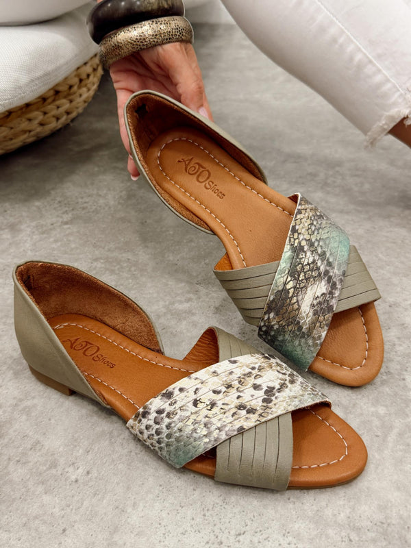 Kožne sandale - baletanke G473 - ATO SHOES - SNAKE - MASLINASTA