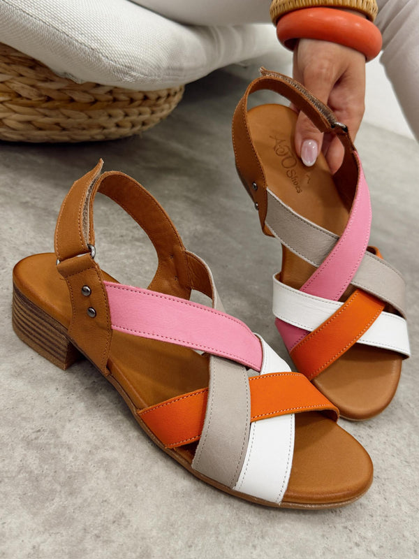 Kožne sandale G469 - ATO SHOES - ROZA - BELA - NARANDŽASTA - TAUPE - KAMEL