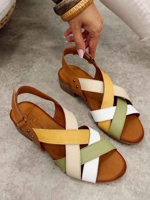 Kožne sandale G469 - ATO SHOES - ZELENA - BELA - BEŽ - OKER - KAMEL