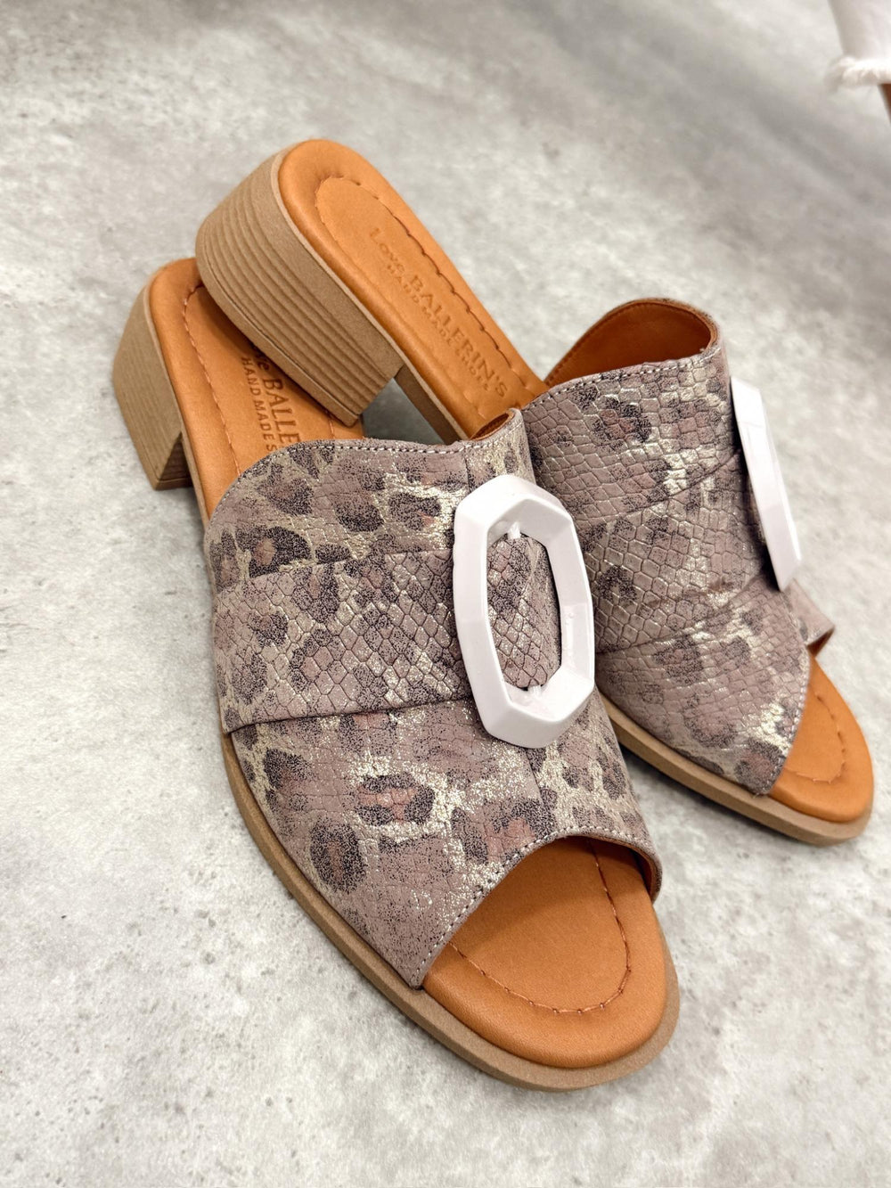 Kožne papuče - štikle G411 - LOVE BALLERINS - na deblju štiklu - LEOPARD - SIVA