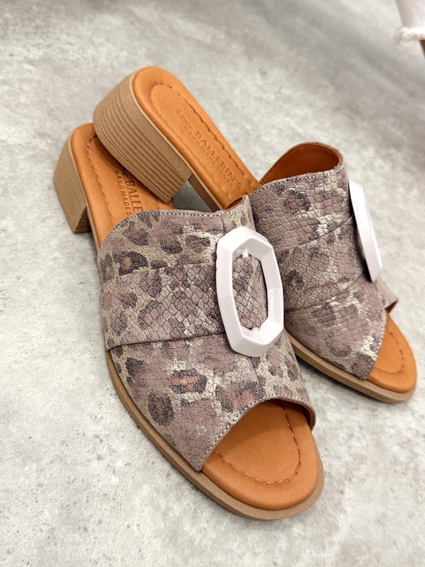 Kožne papuče - štikle G411 - LOVE BALLERINS - na deblju štiklu - LEOPARD - SIVA
