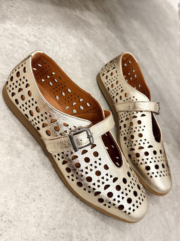 Kožne cipele - baletanke G422 - LOVE BALLERINS - rupičaste - ZLATNA