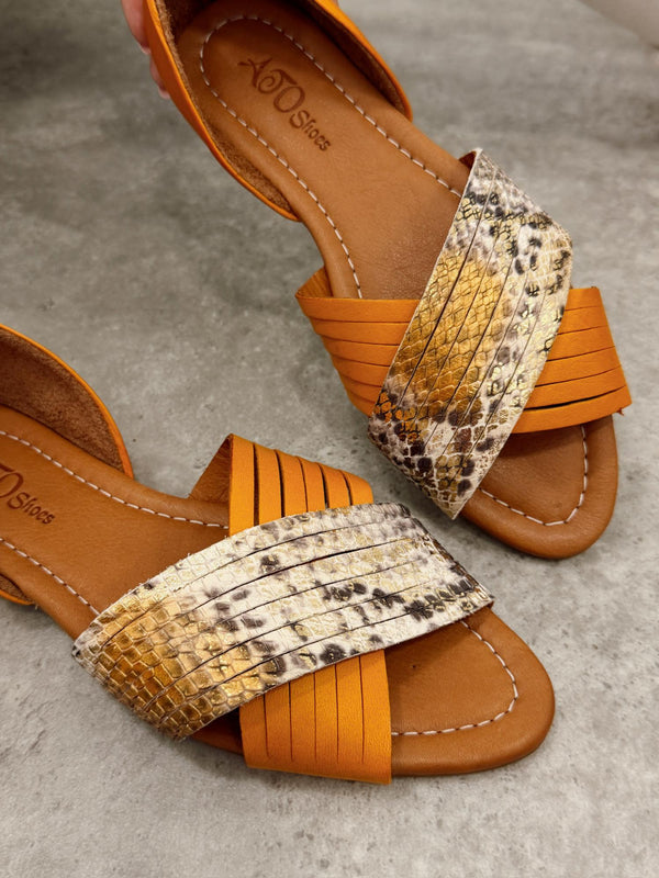 Kožne sandale - baletanke G473 - ATO SHOES - SNAKE - TAMNA OKER