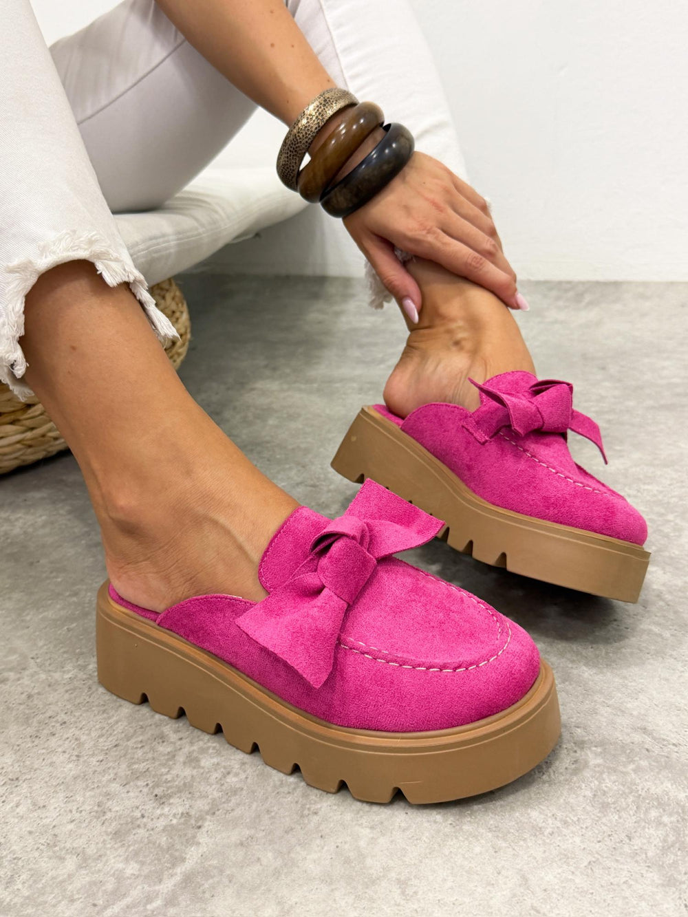 Ženske papuče G497 - na platformu - sa mašnom - PINK