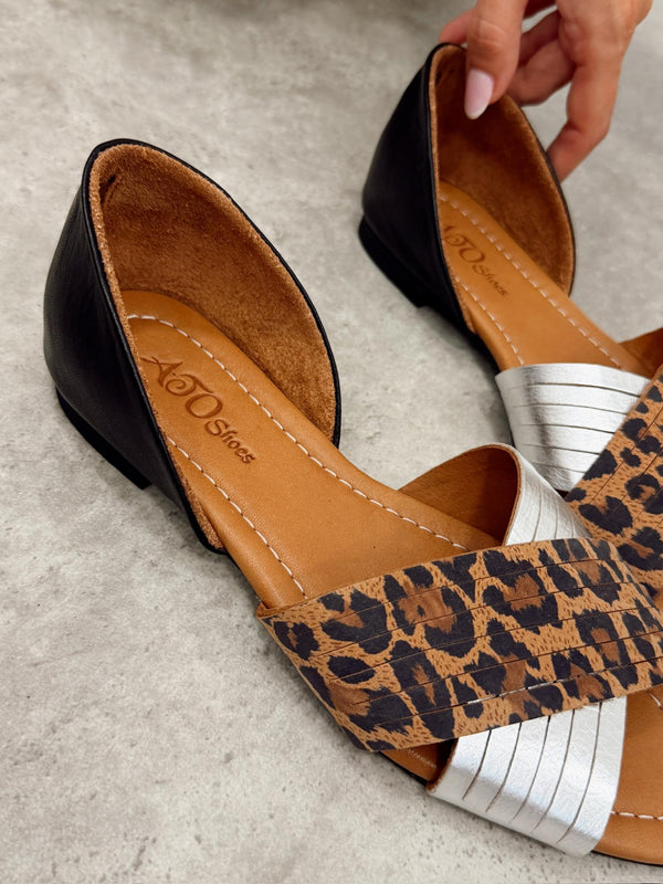 Kožne sandale - baletanke G473 - ATO SHOES - GRAFIT - LEOPARD - CRNA