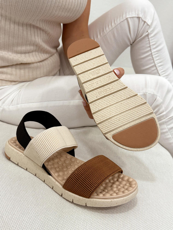 Ženske ravne sandale G062 - MODARE Ultra Comfort - elastične - CRNA - BEŽ - KAMEL