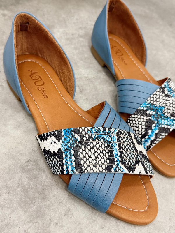 Kožne sandale - baletanke G473 - ATO SHOES - SNAKE - PLAVA