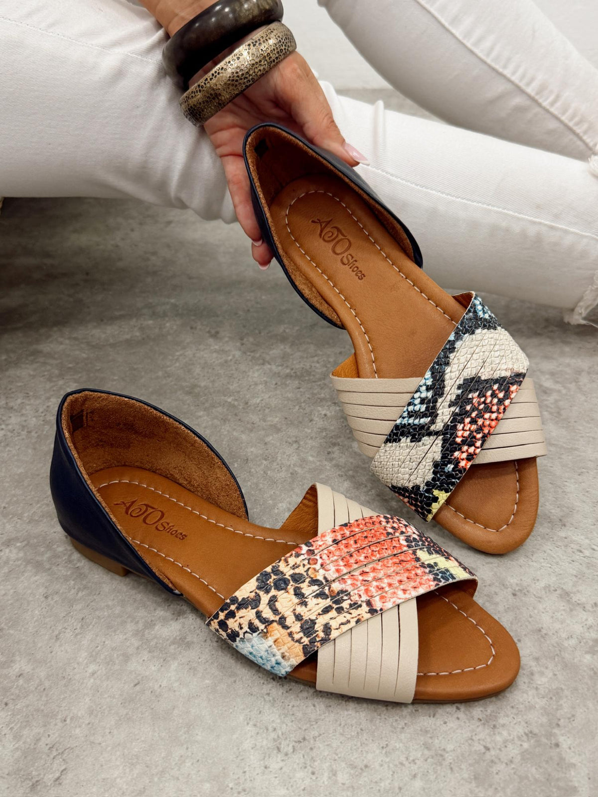 Kožne sandale - baletanke G473 - ATO SHOES - SNAKE - BEŽ - TEGET