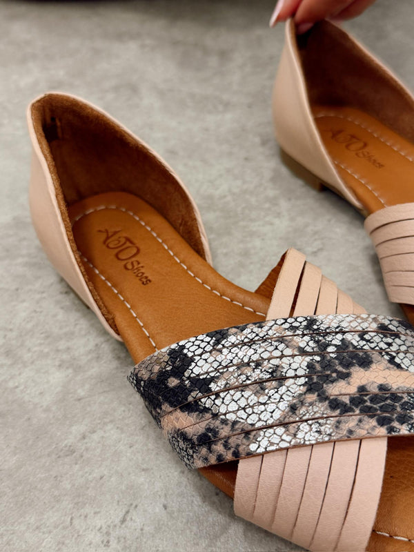 Kožne sandale - baletanke G473 - ATO SHOES - SNAKE - PUDER