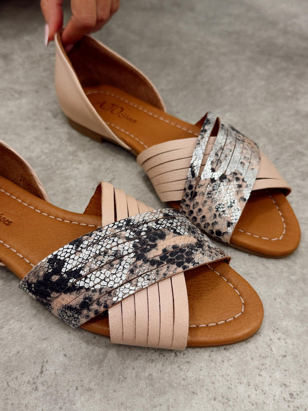 Kožne sandale - baletanke G473 - ATO SHOES - SNAKE - PUDER