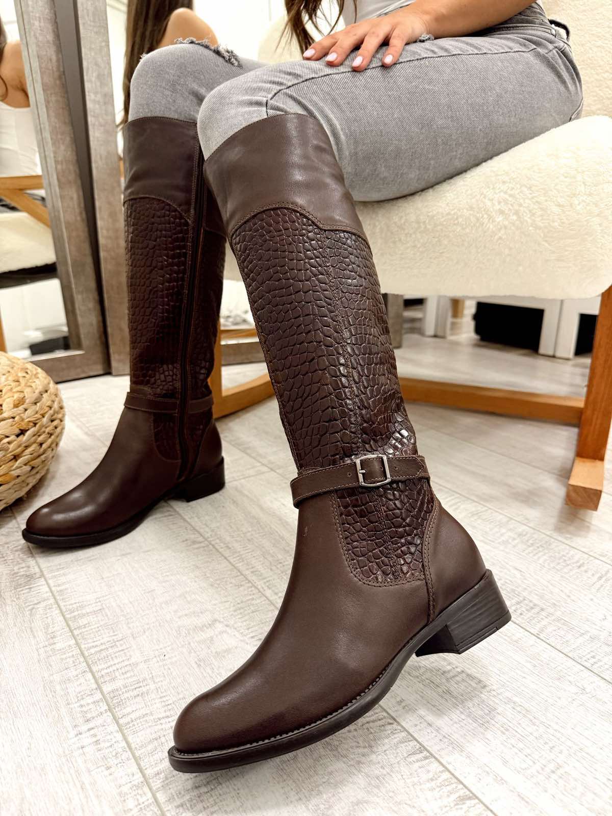 Kožne duboke čizme F641 - BELEZZA SCARPE - KROKO - SMEĐA