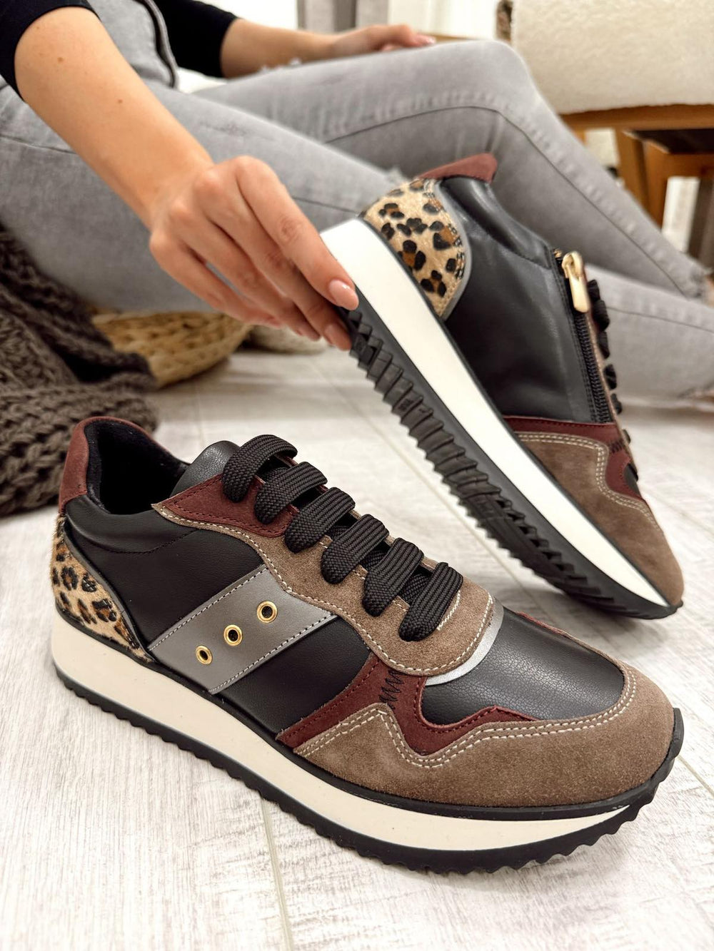 Kožne patike F709 NIMED ANATOMSKE - LEOPARD - SMEĐA - CRNA