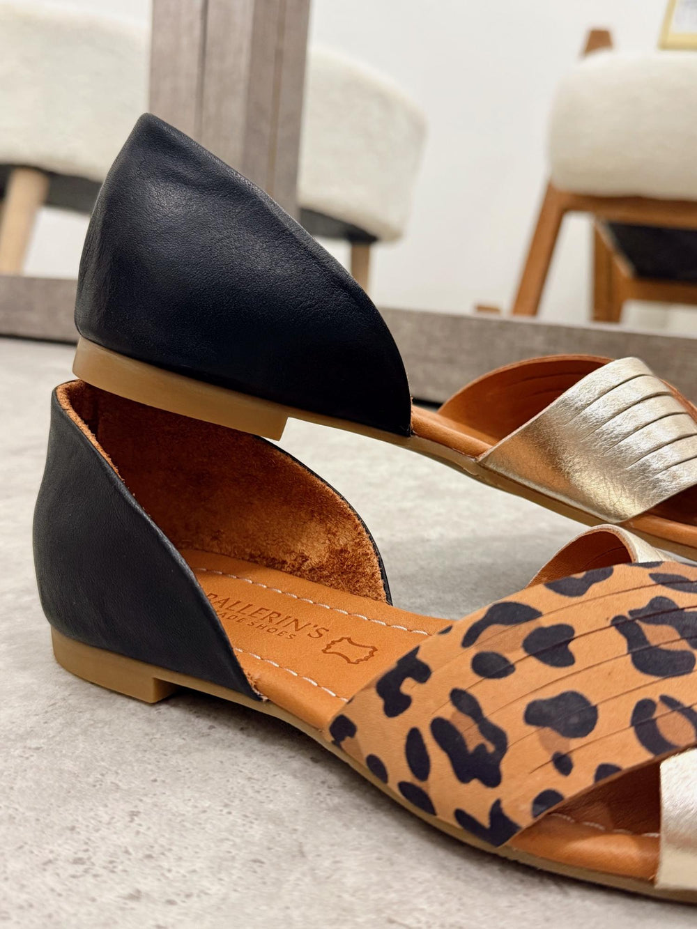 Kožne ravne sandale - baletanke G198 - LOVE BALLERIN'S - LEOPARD - CRNA
