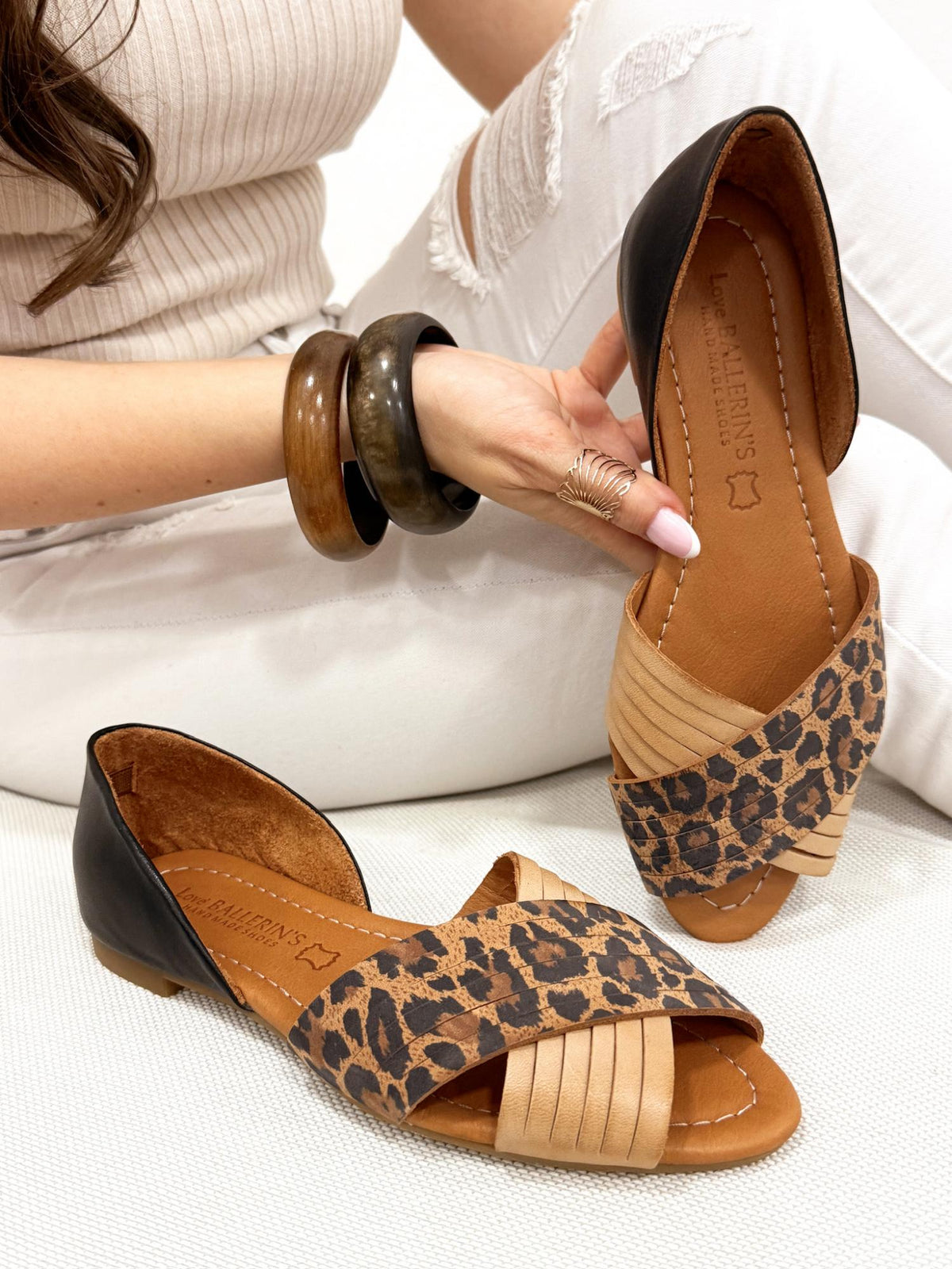 Kožne ravne sandale - baletanke G198 - LOVE BALLERIN'S - LEOPARD - CRNA