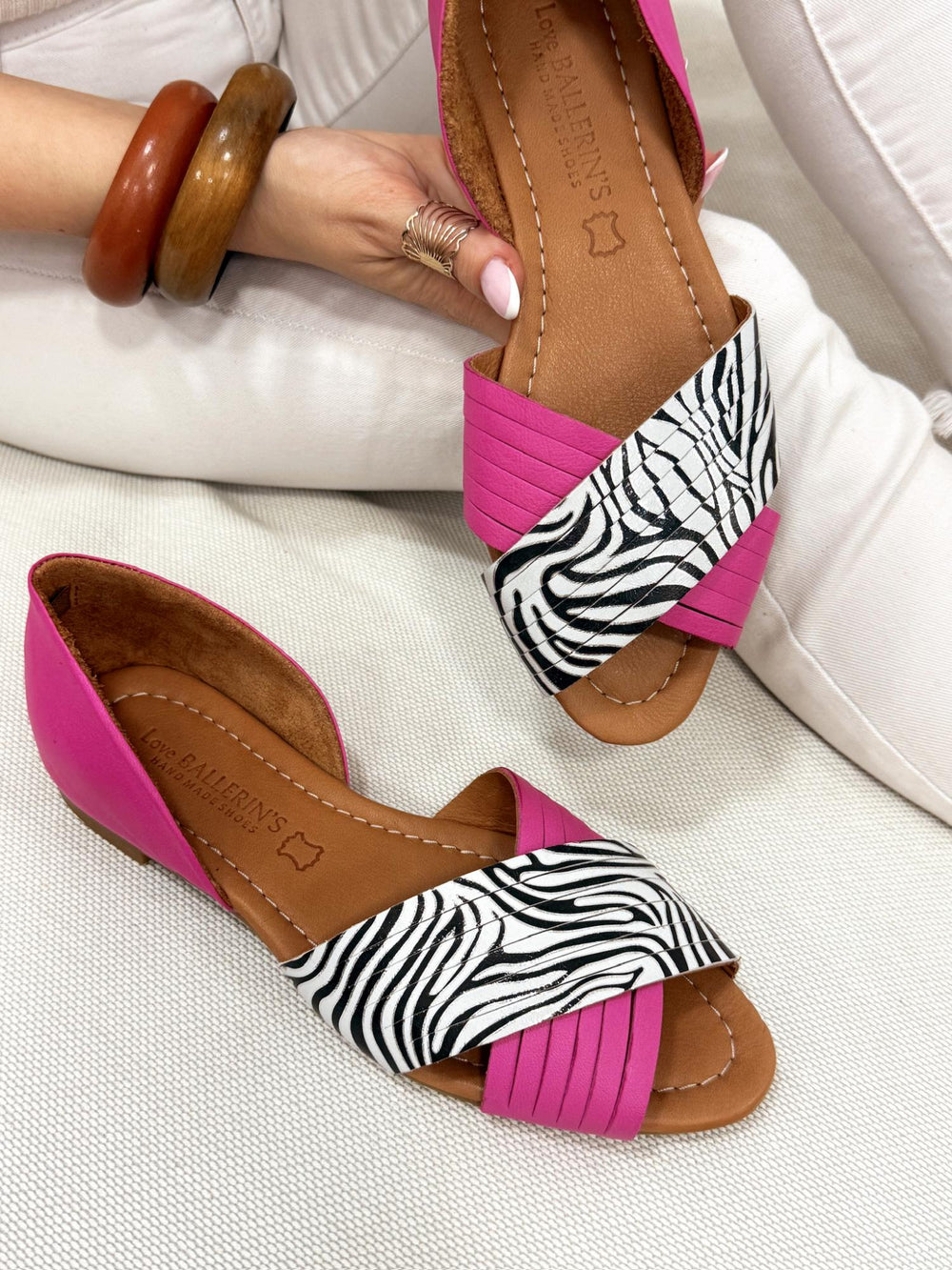Kožne ravne sandale - baletanke G198 - LOVE BALLERIN'S - zebra - PINK