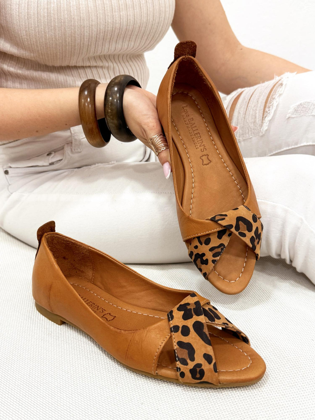 Kožne ravne sandale - baletanke G200 - LOVE BALLERIN'S - LEOPARD - KAMEL