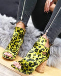 LEOPARD DUBOKE SANDALE SA OTVORENIM PRSTIMA I OKRUGLOM ŠTIKLOM - ZELENE