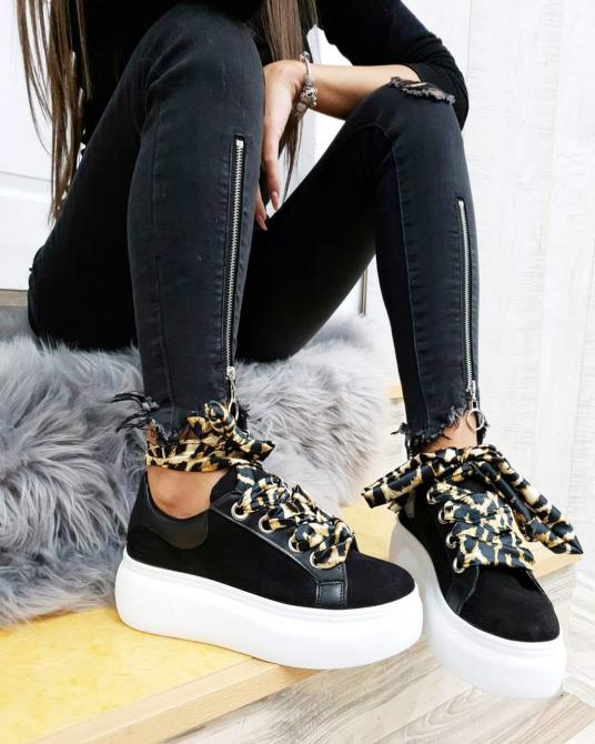 PATIKE SA VISOKIM ĐONOM I LEOPARD SATENSKOM PERTLOM - CRNE