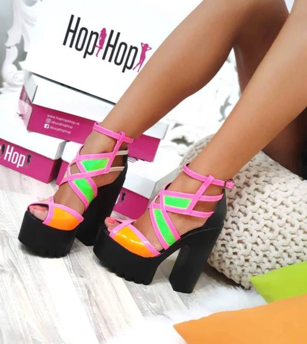 ŠARENE NEON SANDALE SA KAIŠEVIMA NA DEBLJU ŠTIKLU - CRNO/ZELENO/PINK/NARANDŽASTE