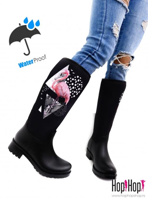 VODOOTPORNE GUMENE ČIZME SA FLAMINGOM - CRNE