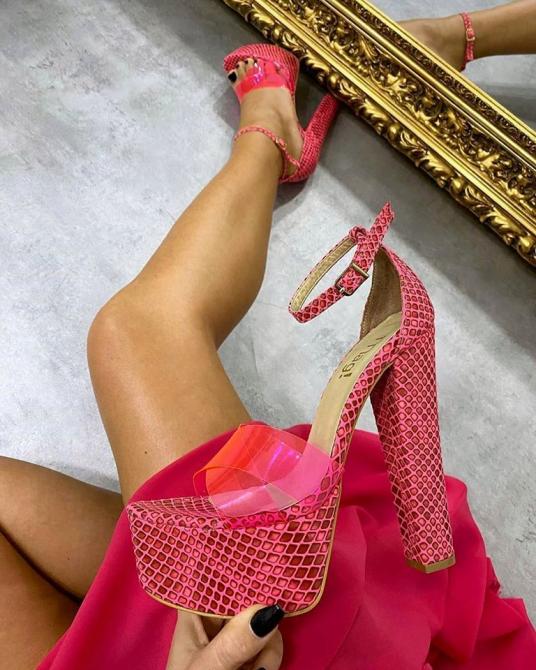 NEON SNAKE SANDALE NA TANKU ŠTIKLU SA PLATFORMOM - PINK