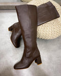 KOŽNE DUBOKE ČIZME NA DEBLJU ŠTIKLU - SMEĐE