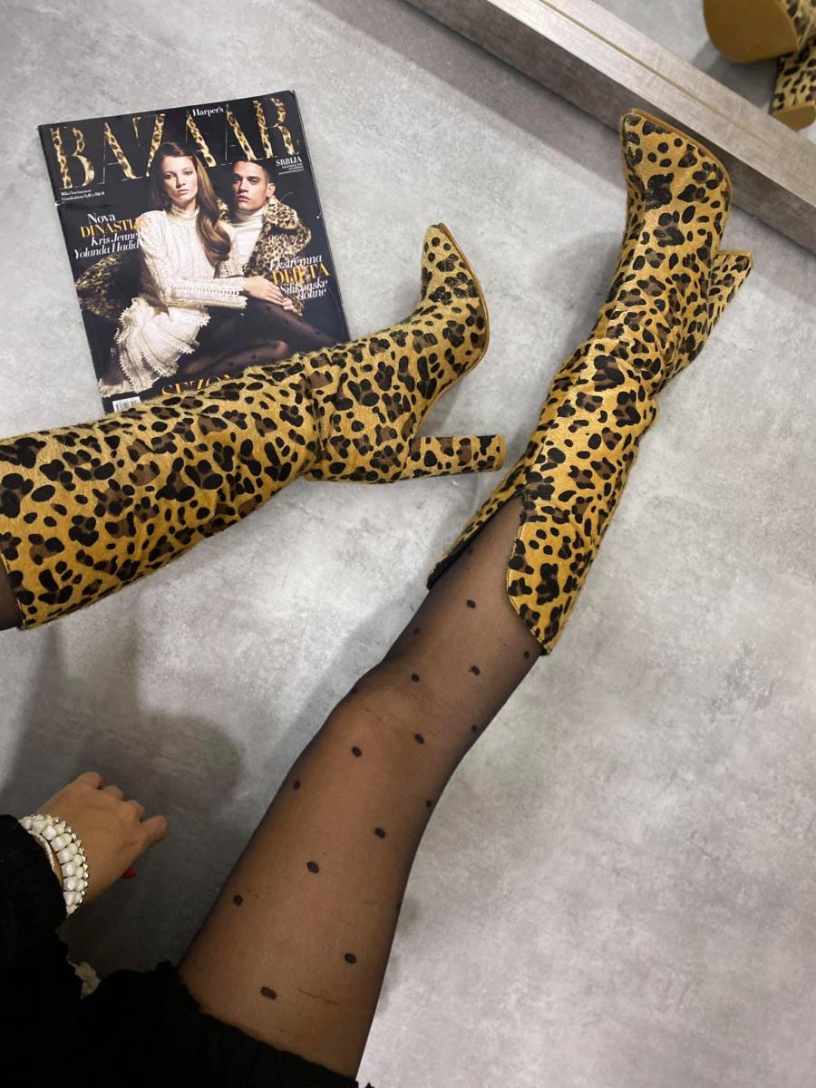 LEOPARD ŠPIC DUBOKE ČIZME NA DEBLJU ŠTIKLU