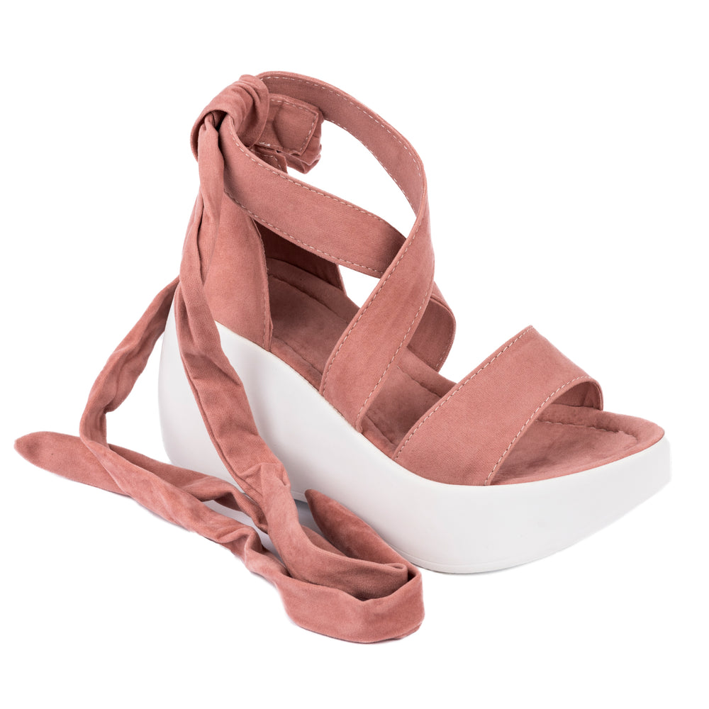 VELUR SANDALE NA VEZIVANJE SA PLATFORMOM - PUDER ROZE